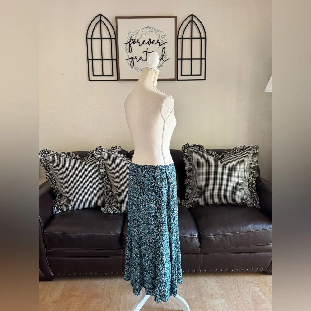 Christopher & Banks Maxi Blue & Black Floral Skirt Size 10 Whimsical Boho Indie